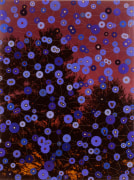 , FRED TOMASELLI, Blue Circles, 1995, Pills, acrylic, resin on wood, 74 x 52 in.