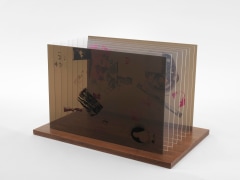 , JOHN CAGE&nbsp;Not Wanting to Say Anything About Marcel Plexigram VIII,&nbsp;1969&nbsp;Screenprint on eight Plexiglas panels with walnut base&nbsp;14 x 20 x 1/8 in. (35.6 x 50.8 x 0.3 cm)