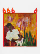 A painting of an African woman relaxing in a red chair, surrounded by bright washes of color and a large snake plant in the foreground. The painting's frame is bright orange and has ornamental wooden fretwork attached to the top left and right corner sections of the frame.