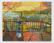 Massachusetts Porch Sitting with Squirrel and Rooster Vase, 2023, oil stick, oil pastel, and Flashe on burlap over canvas