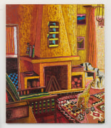 Interior with Nancy Shaver &amp;amp; Giraffe, 2022, oil stick, oil pastel and Flashe on burlap over canvas