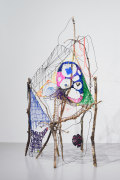 Foot of a Grimey, 2016, Sticks, wire, yarn, thread, mylar, beeswax, paper, plaster, pebbles, acrylic paint skin, pushpins, plasticcoated wires