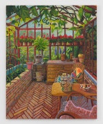 Greenhouse Interior with McCoy Owl Couple Cookie Jar, 2023, oil stick, oil pastel, and Flashe on burlap over canvas