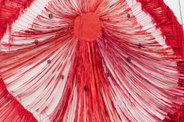 Red Sun (detail), 2020, canvas, acrylic polymer, acrylic ink, yarn, thread, wire, and lotus root