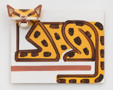 Crouching Jaguar, 2022, glazed ceramic, acrylic on wood