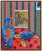 Still Life with Max Ernst, 2021, oil stick, oil pastel, and Flashe on linen