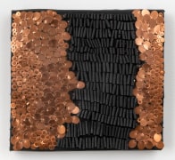Alyson Shotz, Untitled, 2020, recycled rubber bicycle inner tubes, punched copper, copper washers, copper nails, wood, 11.25 x 12.25 x 2.25 inches