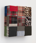 Leopard Corner, 2019, wooden blocks, dress fabric, shirt fabric, paper, Flashe acrylic