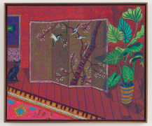 Room with Cherry Blossom Screen &amp;amp; Moroccan Rug, 2019, oil stick, oil pastel &amp;amp; Flashe on upholstery fabric