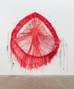 Red Sun, 2020, canvas, acrylic polymer, acrylic ink, yarn, thread, wire, and lotus root