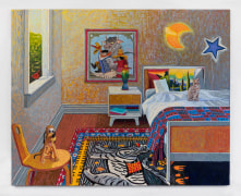 Childhood Bedroom with Lava Lamp, Pluto, and Wild Things Poster, 2023, oil stick, oil pastel, and Flashe on linen