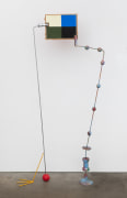 A Fragile Entryway, 2022, metal rods, clamps, wooden balls, found forms, cardboard, Flashe acrylic