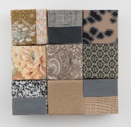 Gray, 2022, wooden blocks, dress fabric-India, dress fabric, Flashe acrylic