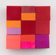 Red, orange, pink, 2022, wooden blocks, dress fabric, paper, Flashe acrylic
