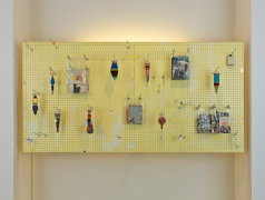 Histrionic, 2013 pegboards, spindles, found yarn scraps, paper books, collage materials (of printed matter and construction paper), plastic bags, neon