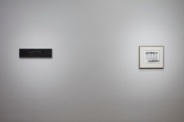 Installation view of&nbsp;Masterworks: From Bonnard to Barcel&oacute;,&nbsp;on view at Acquavella Galleries in New York, Winter 2024.&nbsp;  Left to right: Ed Ruscha,&nbsp;Walks Talks Flies Swims Crawls&nbsp;(1973); Wayne Thiebaud&nbsp;Palm Road&nbsp;(1965).