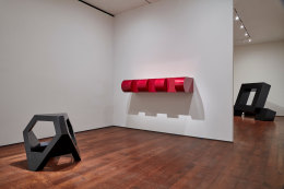 Tony Smith, Generation,&nbsp;1965;&nbsp;Donald Judd,&nbsp;Untitled (DSS #108 - first version),&nbsp;1967;&nbsp;and Ronald Bladen, Thor,&nbsp;1965-1969, on view in&nbsp;less: minimalism in the 1960s.