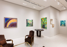 Works by Jon Joanis, Yuka Kashihara, Lisa Sanditz, and Lois Dodd on view in&nbsp;Unnatural Nature: Post-Pop Landscapes,&nbsp;on view in the Palm Beach gallery April 15 - May 25, 2022.  Installation view by Kent Pell.