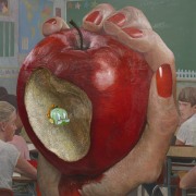 Trey Abdella Rotten to the Core, 2024. Depicts an apple with a worm coming out of it.