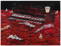 Oil paint and fabric collaged on canvas, depicting a piano submerged in red coloured water