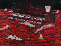 Oil paint and fabric collaged on canvas, depicting a piano submerged in red coloured water