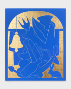 A painting in gold and blue with symbols including a bell, bottles, and a bunny