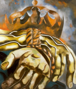A painting of muscular hands tied together by the wrist. A crown is emerging behind the figure's wrists.