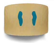 Beige shield painting with blue stripes by Ron Gorchov