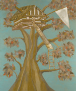 A painting with a large tree and treehouse with a white flag