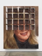 Trey Abdella painting of smiling woman with doors open to reveal brown relief sculpture