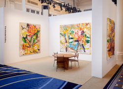Installation view of oil on canvas abstract flower paintings by Jorge Galindo on view at the Vito Schnabel Gallery booth, Independent Art Fair, 2021