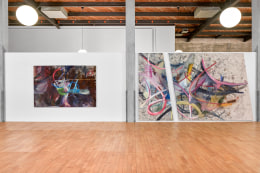 Installation view of Mariana Oushiro Paintings in a post office