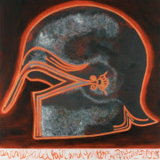 A painting of a 6th century Trojan helmet paired with a fragment from Homer's The Iliad by Francesco Clemente