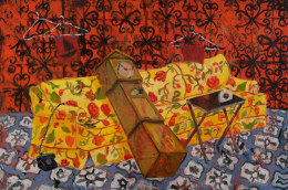 Oil paint and fabric collaged on canvas depicting a domestic still life with a couch, a wire phone, hangers and other household objects