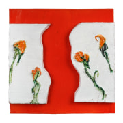 Lola Montes ceramic tile with four zucchini flowers painted on red and white background