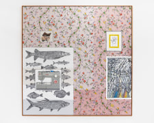 Zachary Armstrong painting with flowers on pink background, sewing machine, fish, book, and hand