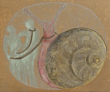 Francesco Clemente, Snail 2024. Depicts enigmatic Snail with two figures by intermingling tradition with his characteristic playfulness.