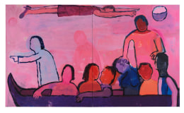 Katherine Bradford, Purple Boat, 2024, Acrylic on canvas, 80 x 136 inches (203.2 x 345.4 cm)&nbsp; &copy; Katherine Bradford; Photo by Argenis Apolinario; Courtesy the artist and Vito Schnabel Gallery