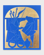 blue and gold painting with bow and arrow, bells, scissors, vase