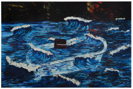 Oil paint and fabric collaged on canvas, depicting a piano in a bathtub flooded in water