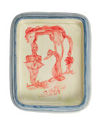 Lola Montes ceramic tray with blue border and red figures