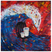 Square canvas made with oil paint and fabric depicting two buckets on a chair, immersed in water