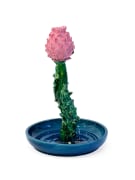 Lola Montes ceramic candelabra with blue base, green stem, and pink artichoke top