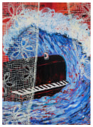 Oil paint and fabric collaged on canvas depicting a black piano and a water glass containing a denture surrounded by a big wave