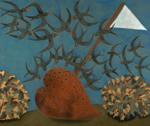 A painting of a flock of birds swarming to a heart shaped object filled with holes. A white flag is protruding out of the heart. The sky is blue and is accompanied by a field with two bushes.