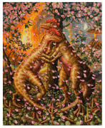 Painting by Thomas Woodruff depicting two yellow dinosaurs embracing amongst pink petals with a large fire behind them