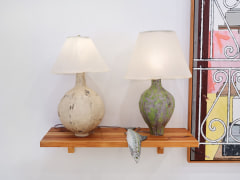 Installation view of Zachary Armstrong: New Work featuring lamps and fish sculpture on a wooden shelf by Zachary Armstrong