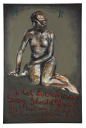 A painting of a woman with red cursive text underneath her figure.