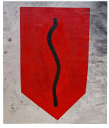 A painting of a red shield
