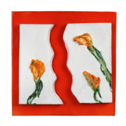 Lola Montes ceramic tile with three zucchini flowers painted on red and white background